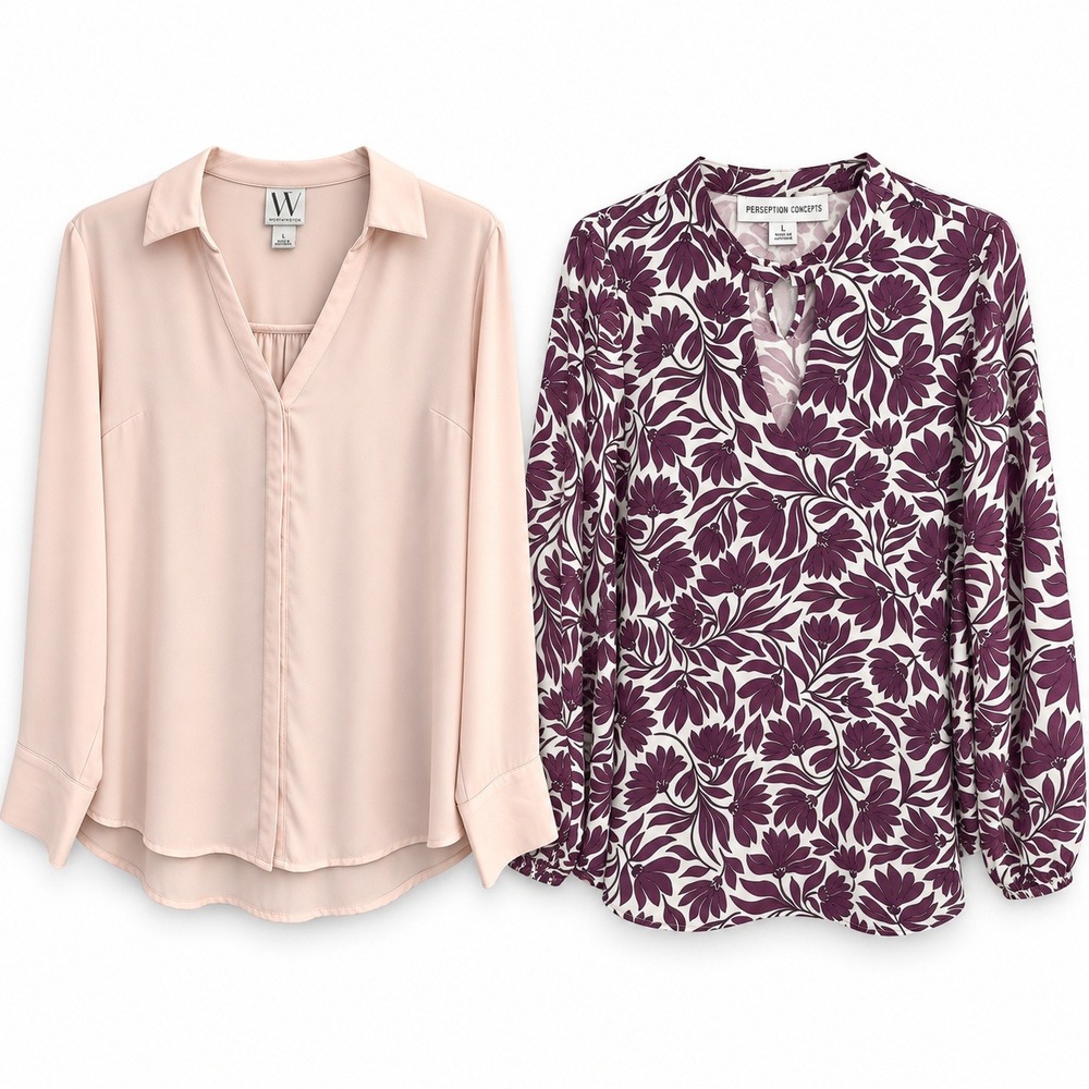 Lot of 2 Womens Blouses Size L Worthington Pink Perception Concepts Floral